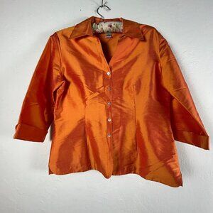 S.L.B. Womens Blouse Top Medium Golden Orange 3/4 Sleeve Silk Satin Lightweight